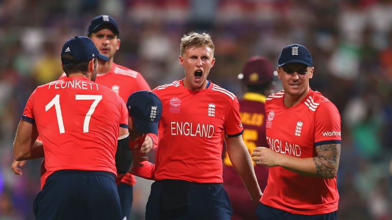 Joe Root of England celebrates after taking the wicket of Johnson Charles of the West Indies during the ICC World Twenty20 India 2016 Final