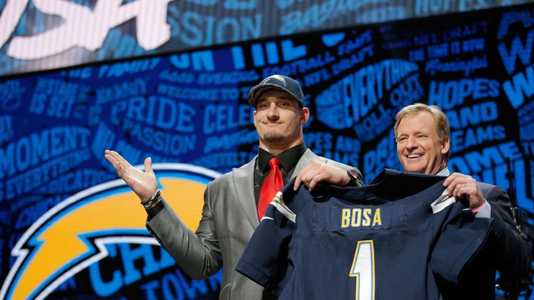 CHICAGO, IL - APRIL 28:  (L-R) Joey Bosa of Ohio State holds up a jersey with NFL Commissioner Roger Goodell after being picked #3 overall by the San Diego