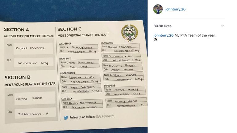 John Terry's PFA Team of the Year nominations, as posted on Instagram