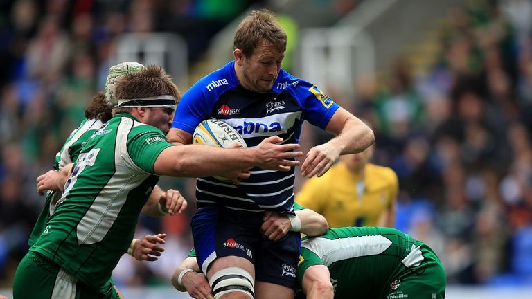 Jonathan Mills of Sale is tacked by Tom Court of London Irish during the Aviva Premiership match between London Irish and Sale Sharks 