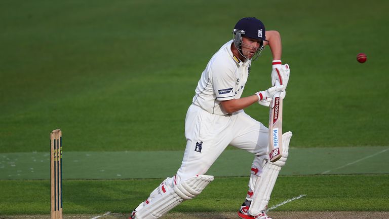 Jonathan Trott of Warwickshire plays to the offside during his first senior appearance since the tour of Australia