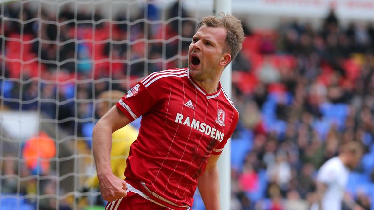 Jordan Rhodes of Middlesbrough celebrates scoring his side's first goal of the match