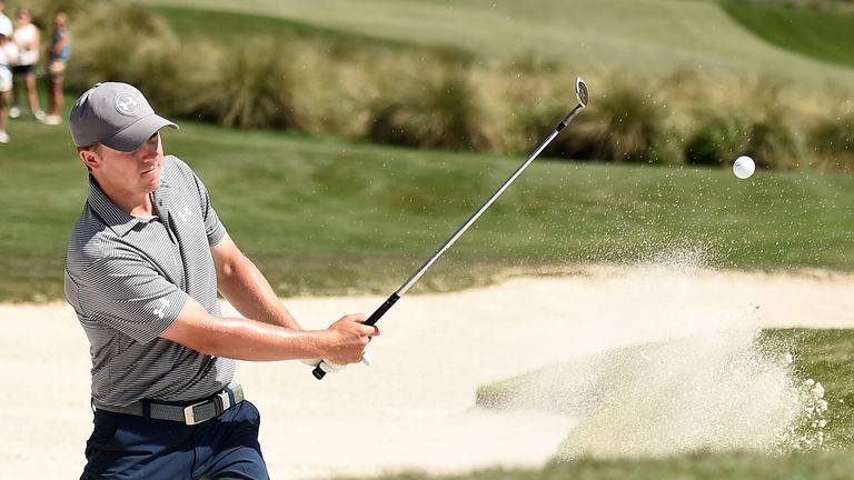 HUMBLE, TX - APRIL 03:  Jordan Spieth of the United States hits from a green side bunker on the 14th hole during the final round of the Shell Houston Open 