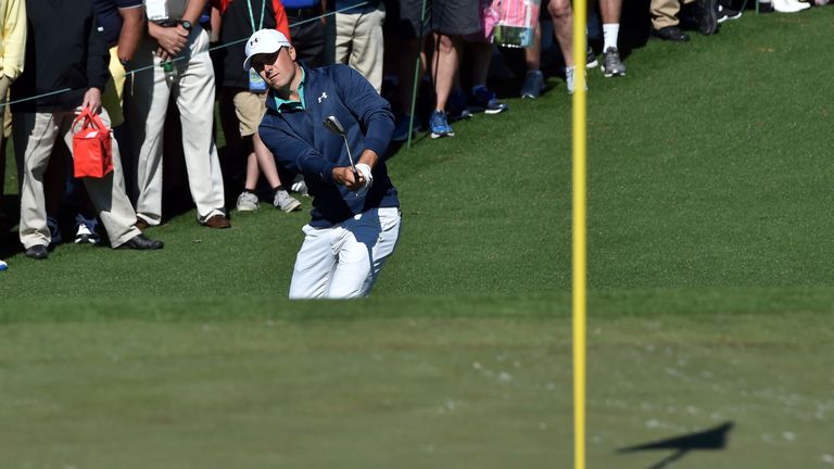 Jordan Spieth plays a shot on the 2nd hole during Round 1 of the 80th Masters Golf Tournament at the Augusta National Golf Club