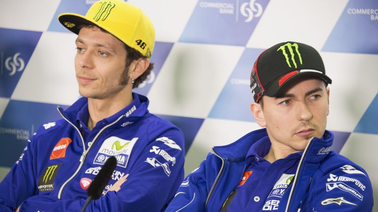 Jorge Lorenzo (r) with Valentino Rossi during this year's race in Qatar