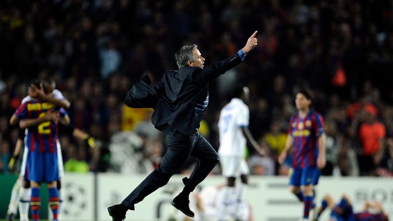 Jose Mourinho celebrates after winning the UEFA Champions League semi-final second leg match between Barcelona vs Inter Milan in 2010 at the Nou Camp