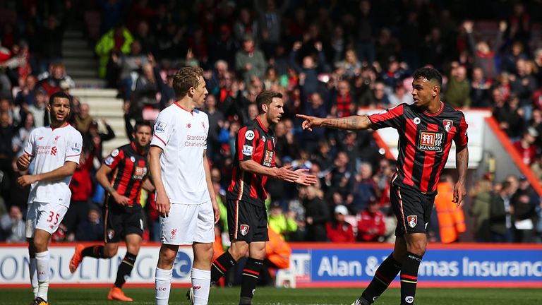 Joshua King of Bournemouth celebrates after scoring his team's consolation goal