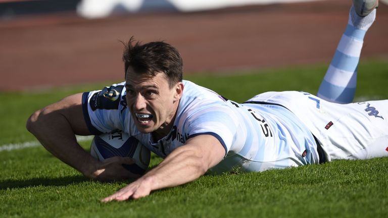 Racing Metro 92 Argentine wing Juan Imhoff scores a try during the 1/4 final of the Rugby European cup between Racing 92 and Toulon at the Yves du Manoir 