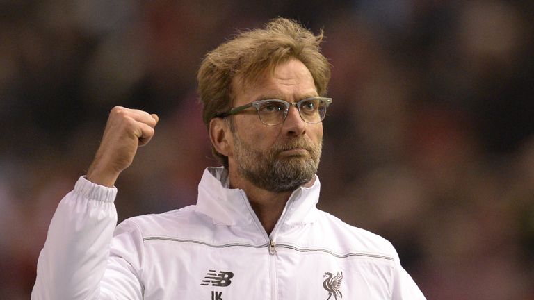 Jurgen Klopp celebrates as Liverpool win the UEFA Europa league quarter-final second leg football match v Borussia Dortmund at Anfield