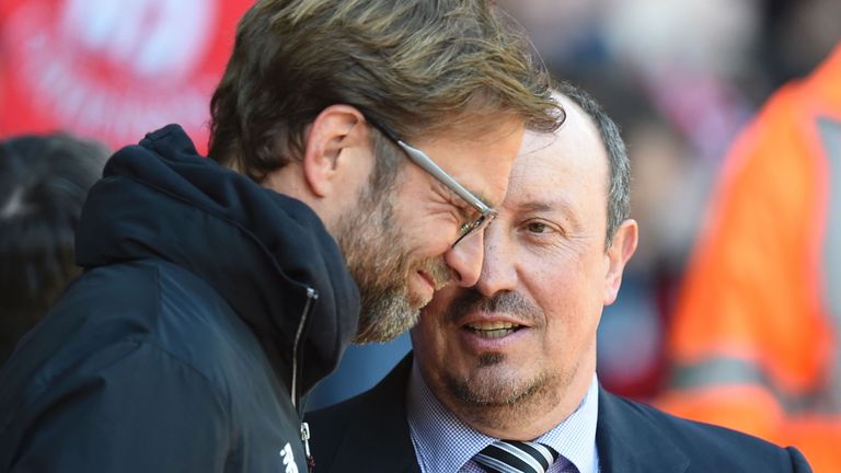 Liverpool boss Jurgen Klopp and former Anfield manager Rafa Benitez share a pre-match moment