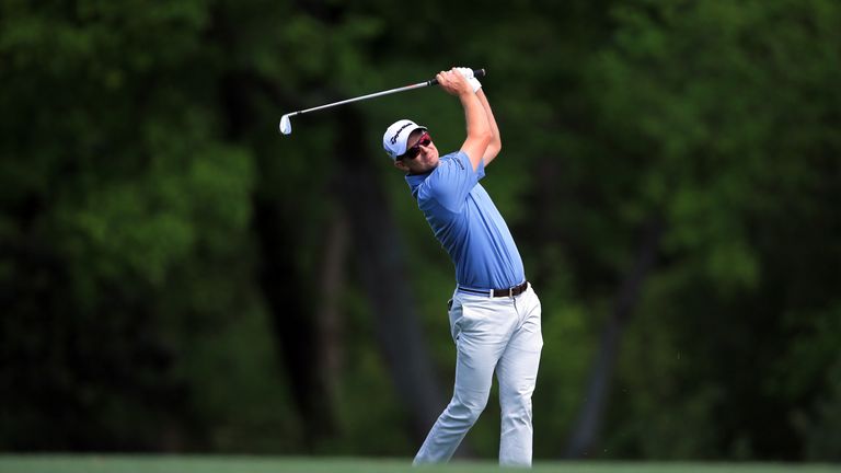 Justin Rose plays his second shot on the fifth hole during the first round of the 2016 Masters Tournament at Augusta