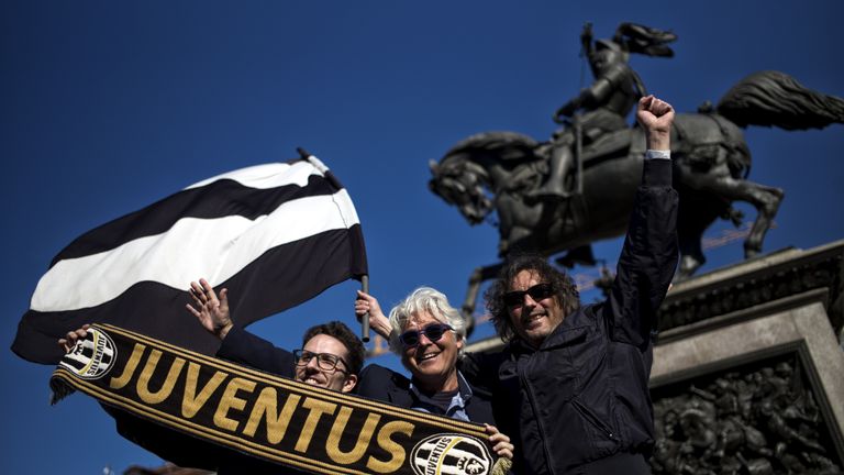 Juventus supporters celebrate in Piazza San Carlo in Turin