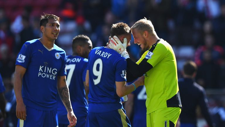 Kasper Schmeichel and Jamie Vardy of Leicester City celebrate