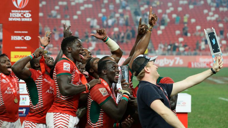 The Kenya team celebrates after defeating Fiji in the 2016 Singapore Sevens Cup Final