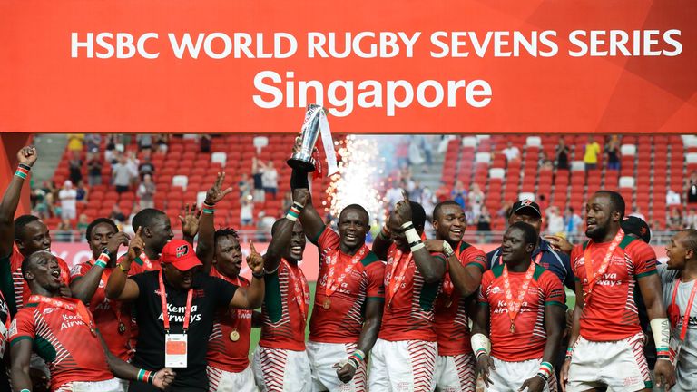Kenya celebrate after defeating Fiji in the 2016 Singapore Sevens Cup Final 
