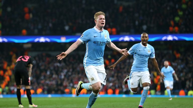 Manchester City's Kevin De Bruyne celebrates scoring his side's first goal of the game during the UEFA Champions League Quarter Final, Second Leg match at 
