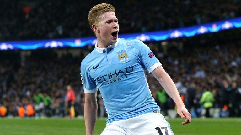 Manchester City's Kevin De Bruyne celebrates scoring against PSG in the Champions League QF second leg 