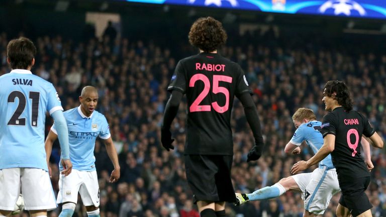 Manchester City's Kevin De Bruyne scores his side's goal in the 1-0 Champions League QF 2nd leg win over PSG