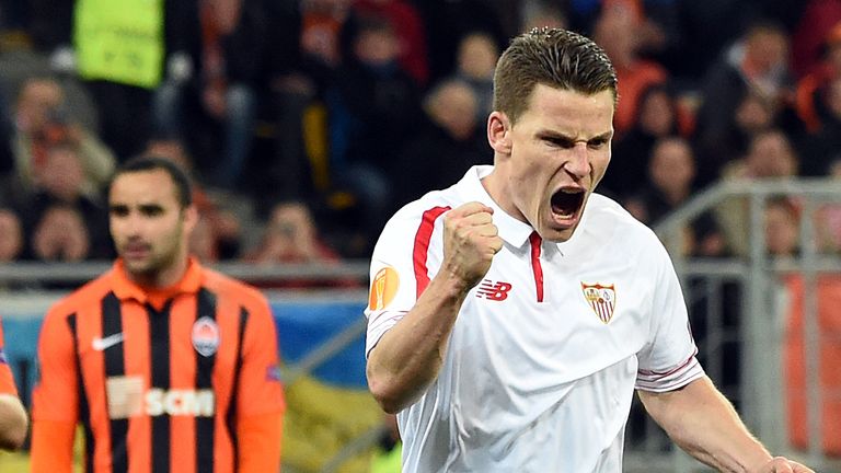 Sevilla FC Kevin Gameiro react s after he scored  a penalty against Shakhtar Donetsk  during the UEFA Europa League 