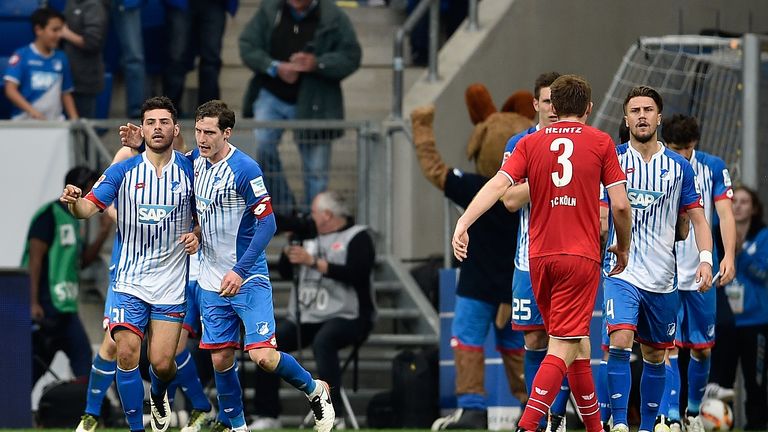 Kevin Volland of 1899 Hoffenheim celebrates with team-mates after his equalizing goal 