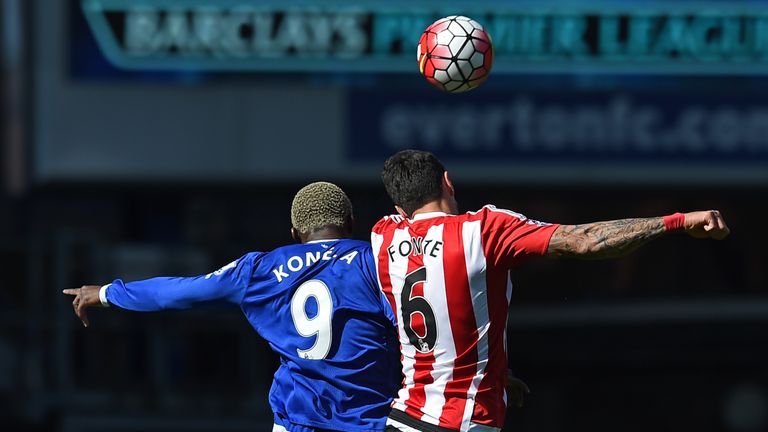 Everton's Arouna Kone batlles in the air with Southampton's Jose Fonte