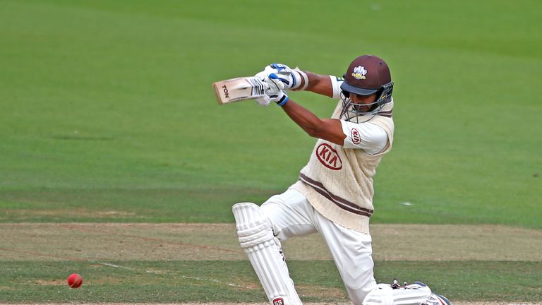 Kumar Sangakkara of Surrey hits out during day two of the LV County Championship match between Surrey and Kent at The Kia Oval