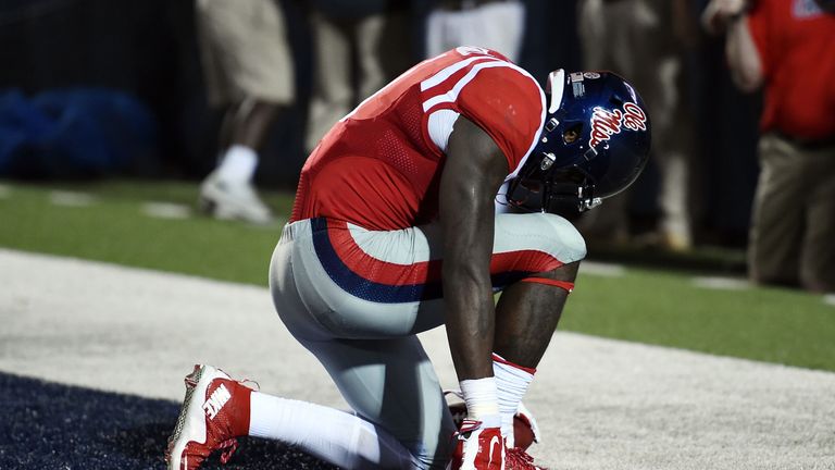 Laquon Treadwell #1 of the Mississippi Rebels celebrates a touchdown during the third quarter of a game against the Texas A&M Agg