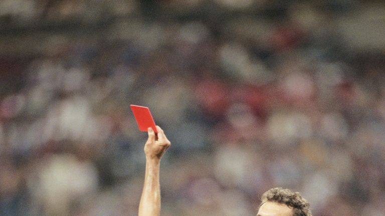 8 Jul 1998:  Referee Jose Garcia-Aranda sends off Laurent Blanc of France for raising a hand at Slaven Bilic of Croatia during the World Cup semi-final at 
