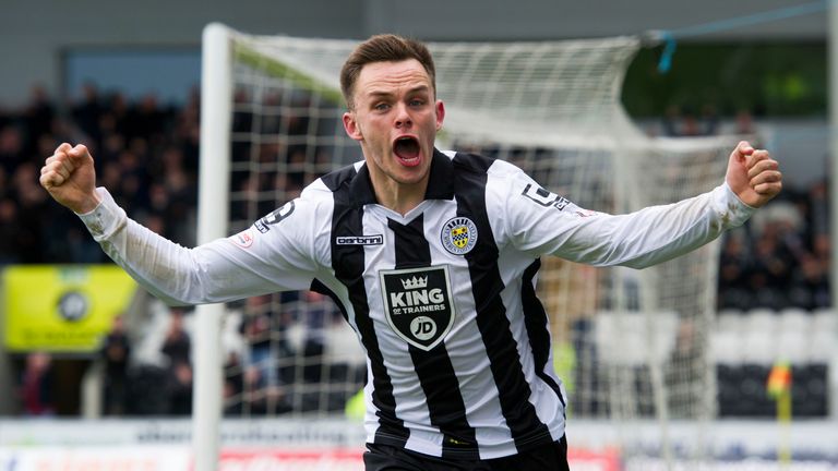 Lawrence Shankland celebrates after scoring St Mirren's second goal against Hibs