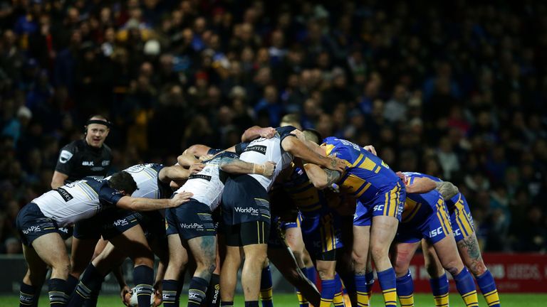 Leeds Rhinos and North Queensland Cowboys in a scrum during the World Club Series match, 2016.