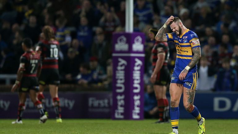 Leeds Rhinos Zak Hardaker shows his dejection after missing a late penalty against Warrington Wolves