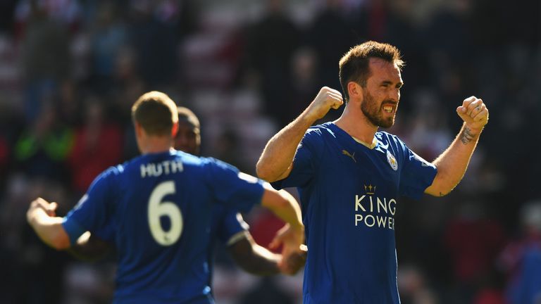 Christian Fuchs celebrates Leicester's victory over Sunderland