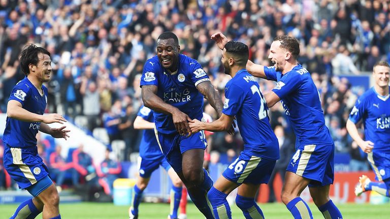 Leicester City players celebrate against Southampton