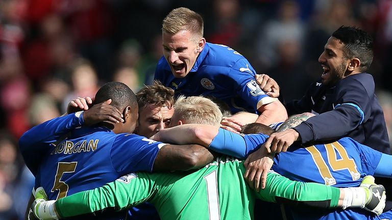 Leicester Citys players celebrate at full time in the English Premier League football match between Sunderland and 