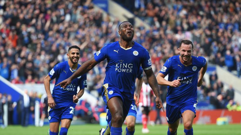 Wes Morgan celebrates giving Leicester the lead