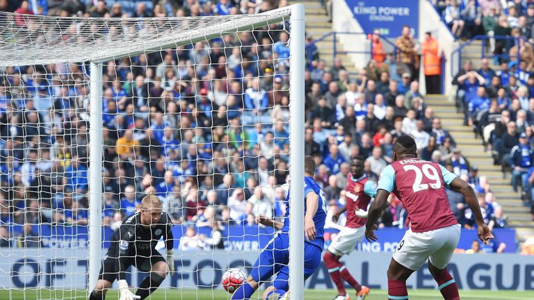 Leicester's Kasper Schmeichel makes a save from West Ham's Cheikhou Kouyate