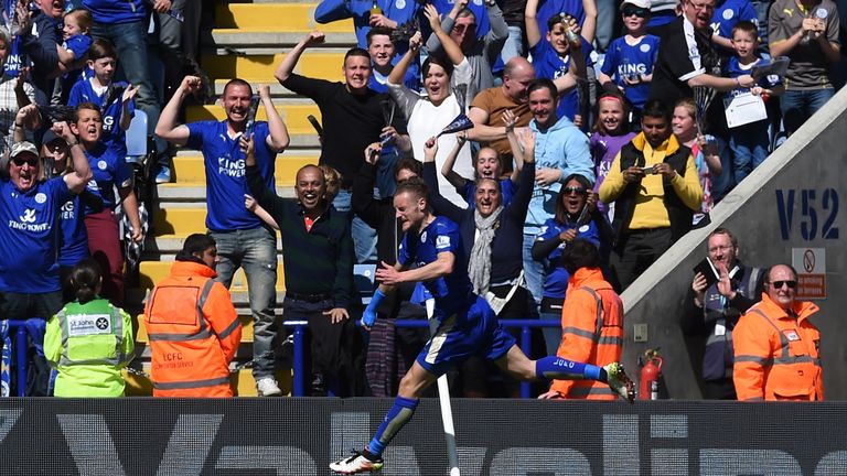 Leicester's Jamie Vardy celebrates after breaking the deadlock against West Ham