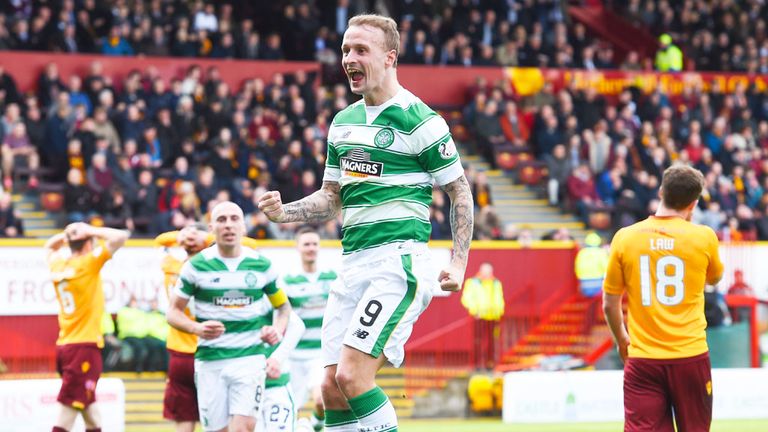 Celtic striker Leigh Griffiths celebrates his winning goal at Motherwell
