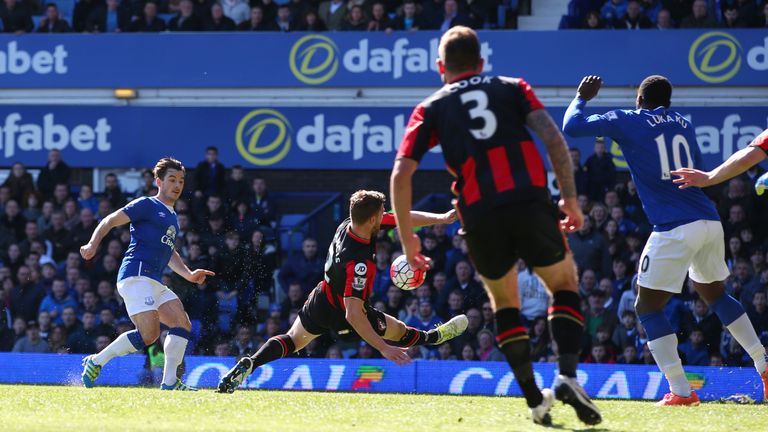 Everton left-back Leighton Baines strikes the winning goal against Bournemouth
