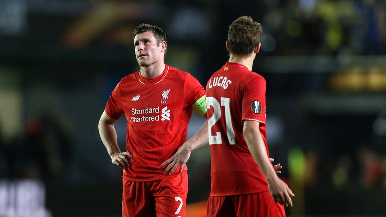 Liverpool's James Milner (left) shows his dejection after the final whistle during the UEFA Europa League Semi Final, First Leg match at Estadio El Madriga