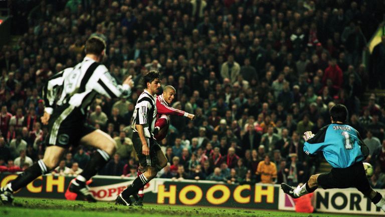 3 Apr 1996:  Stan Collymore of Liverpool scores a dramatic last minute winning goal during the FA Carling Premiership match between Liverpool and Newcastle