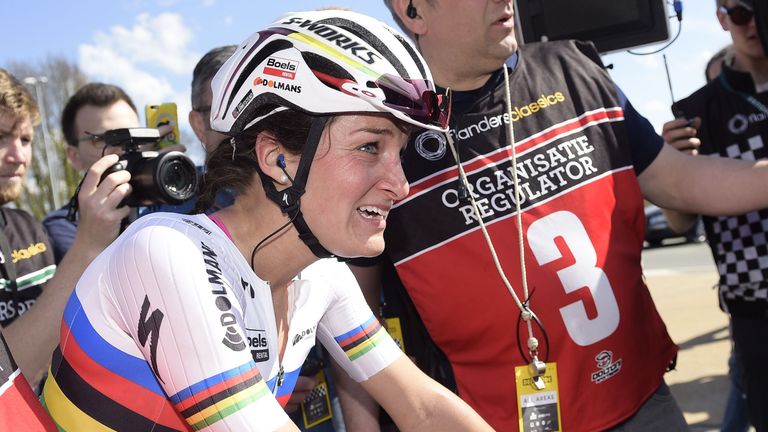 British Lizzie Armitstead reacts after the 100th edition of the Tour of Flanders' (Tour des Flandres) one day cycling 