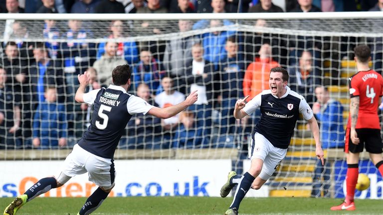 Louis Longridge celebrates after firing Raith in front against Rangers