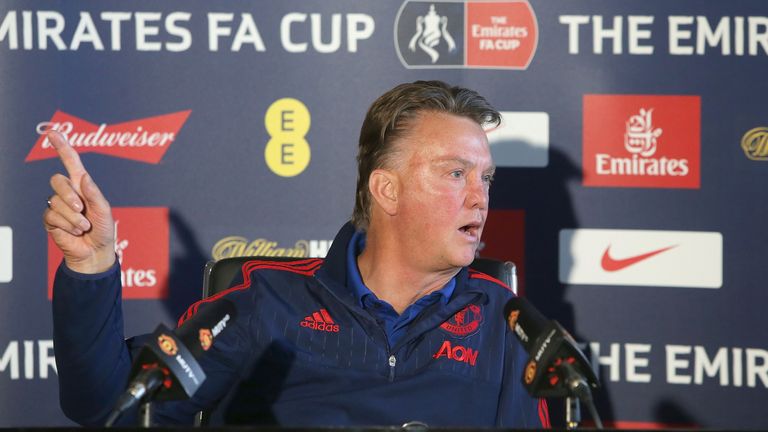 Manager Louis van Gaal of Manchester United speaks during a press conference at Aon Training Complex ahead of the FA Cup semi-final against Everton
