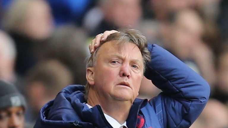 Manager Louis van Gaal of Manchester United watches from the bench during the Barclays Premier League match between Tottenham Hotspur and Manchester United