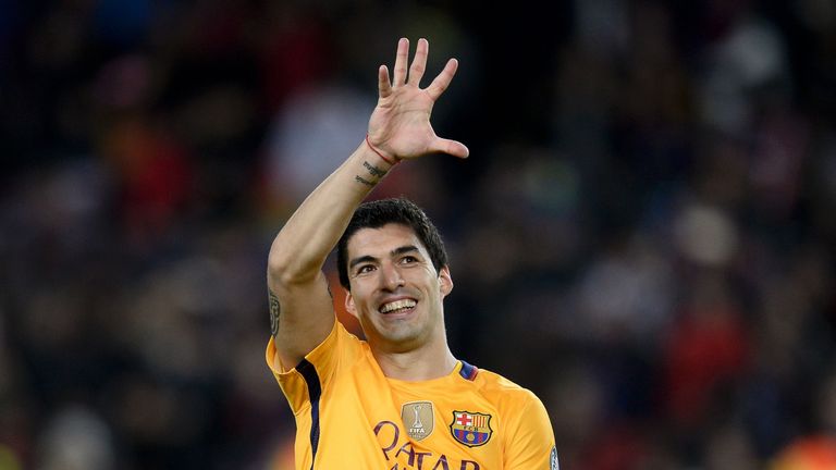 Luis Suarez celebrates after scoring for Barcelona