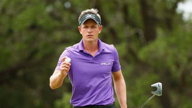 Luke Donald of England reacts to his putt on the sixth hole during the final round of the Valero Texas Open at TPC San Antonio