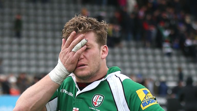 NEWCASTLE UPON TYNE, ENGLAND - APRIL 17:  Luke Narraway, the London Irish captain looks dejected after their defeat during the Aviva Premiership match betw