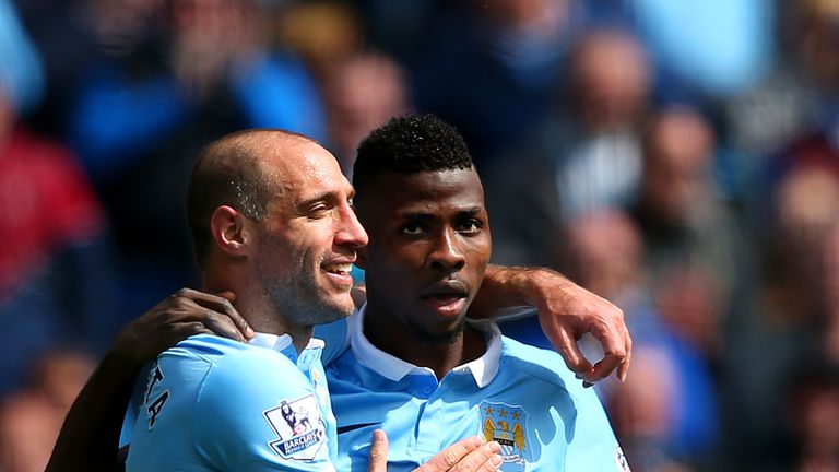 MANCHESTER, ENGLAND - APRIL 23: Kelechi Iheanacho of Manchester City celebrates with Pablo Zabaleta of 