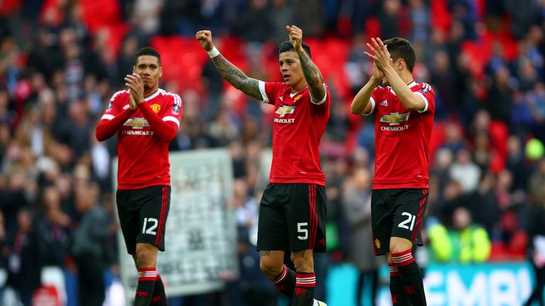 LONDON, ENGLAND - APRIL 23:  Marcos Rojo, Chris Smalling and Ander Herrera of Manchester United 